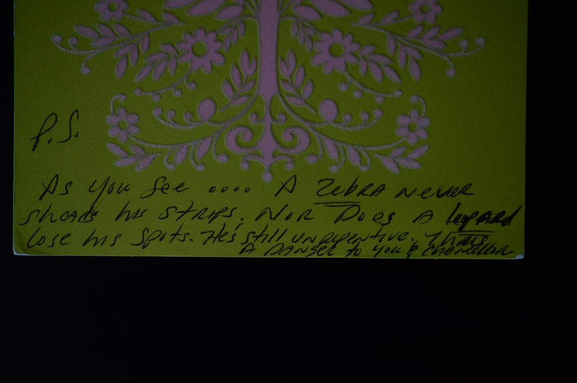 The card Van Brett Watkins sent to Saundra Adams recently included a postscript written on the front.