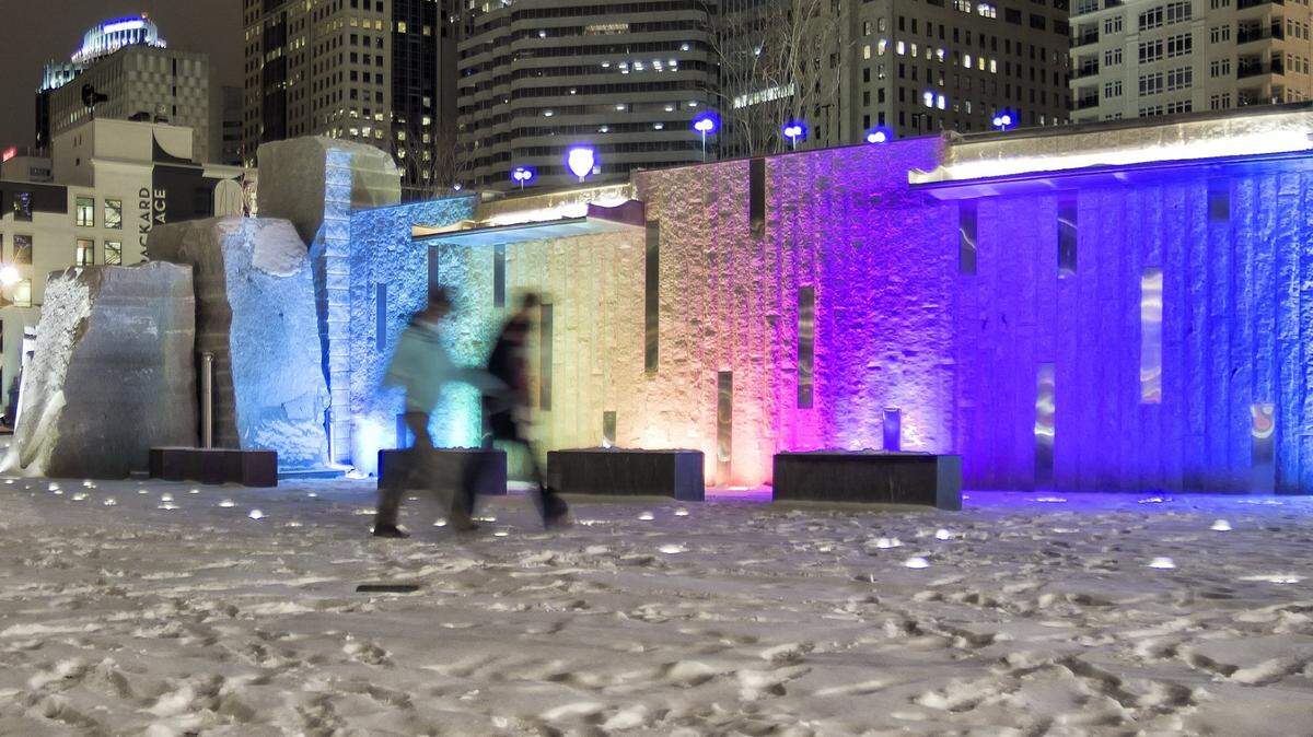 Romare Bearden Park in Charlotte with the snow and downtown skyline in February 2014.