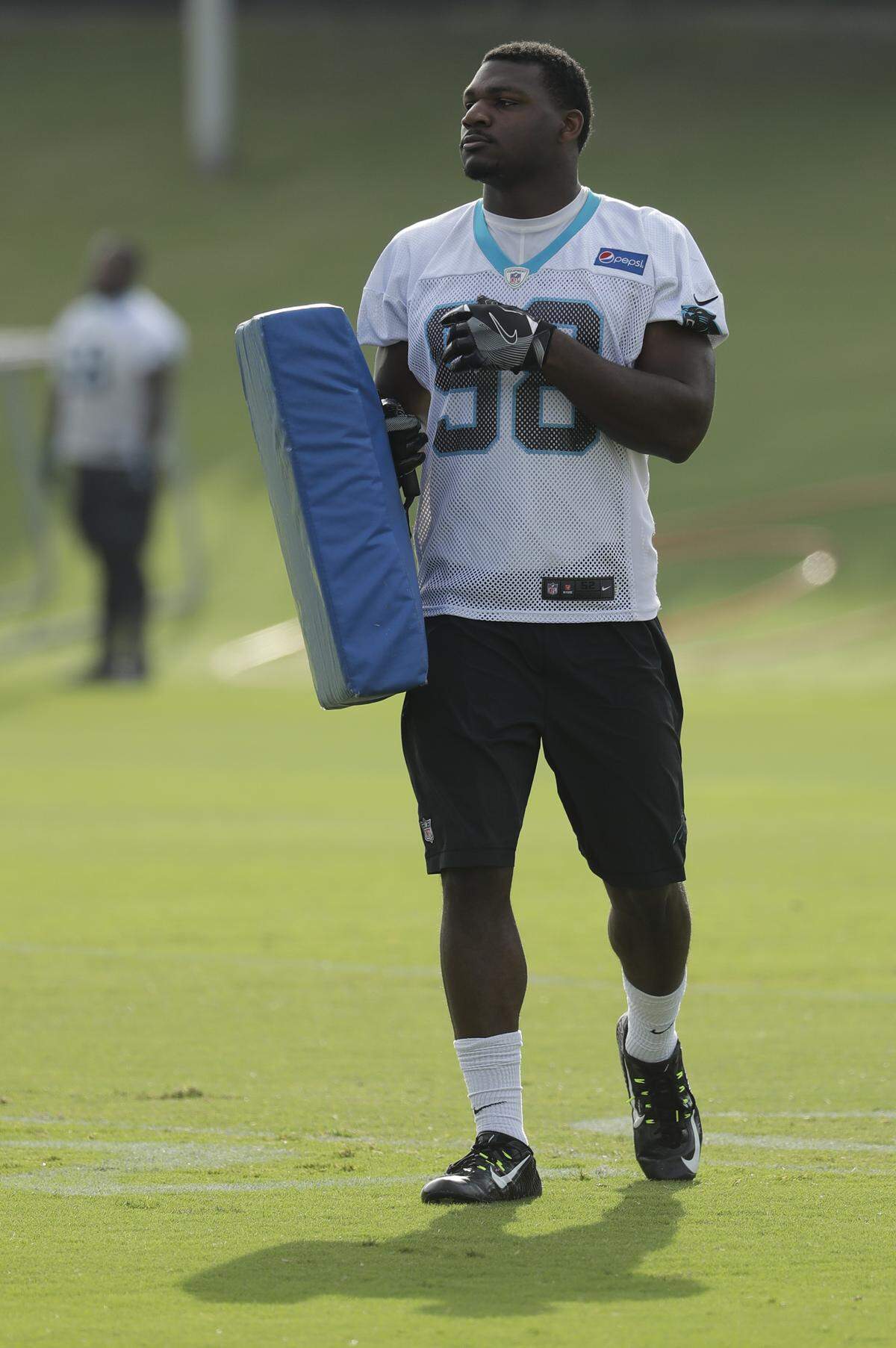 A lean frame could make it hard for Carolina Panthers defensive end Marquis Haynes (98) to set the edge against the run, but he could be a terror in pass-rush packages and on special teams.