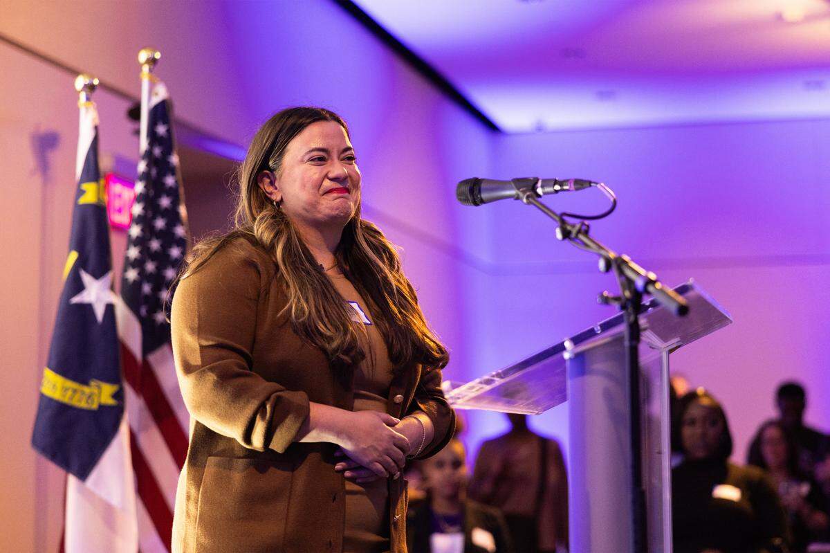 Liz Monterrey speaks at the Meck Dems 2023 Election Night Watch Party at the Mint Museum in Charlotte, N.C., on Tuesday, November 7, 2023.