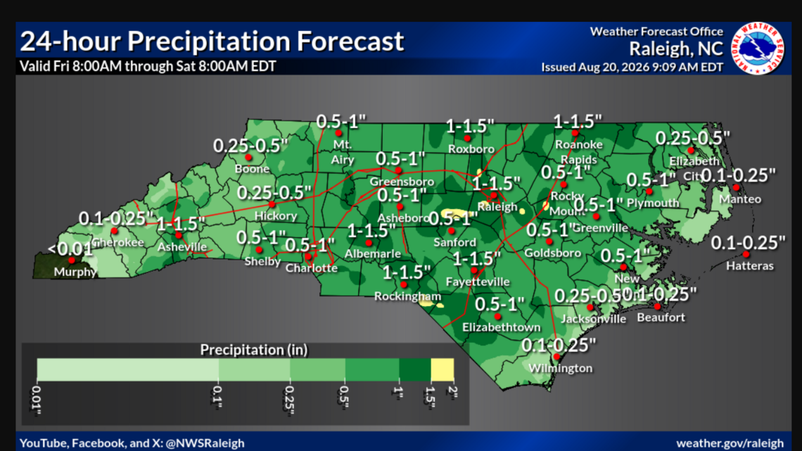 Storms could bring an inch of rain to Charlotte area Friday night, forecast says