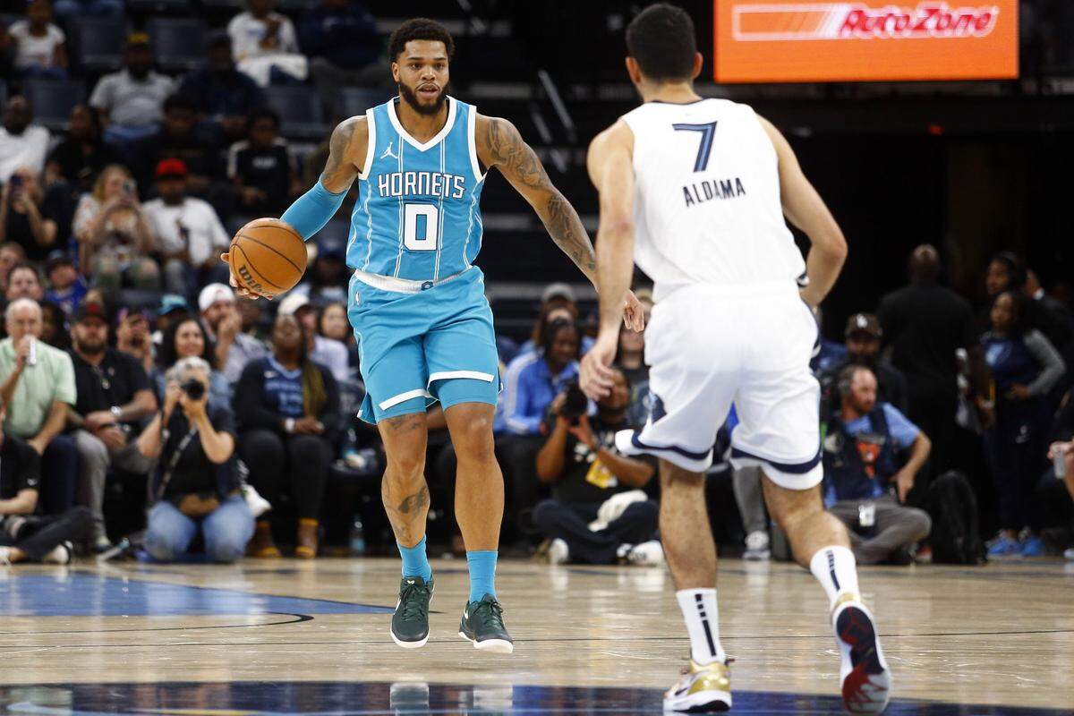 Charlotte Hornets forward Miles Bridges (0) dribbles as Memphis Grizzlies forward Santi Aldama (7) defends during the first half at FedExForum.
