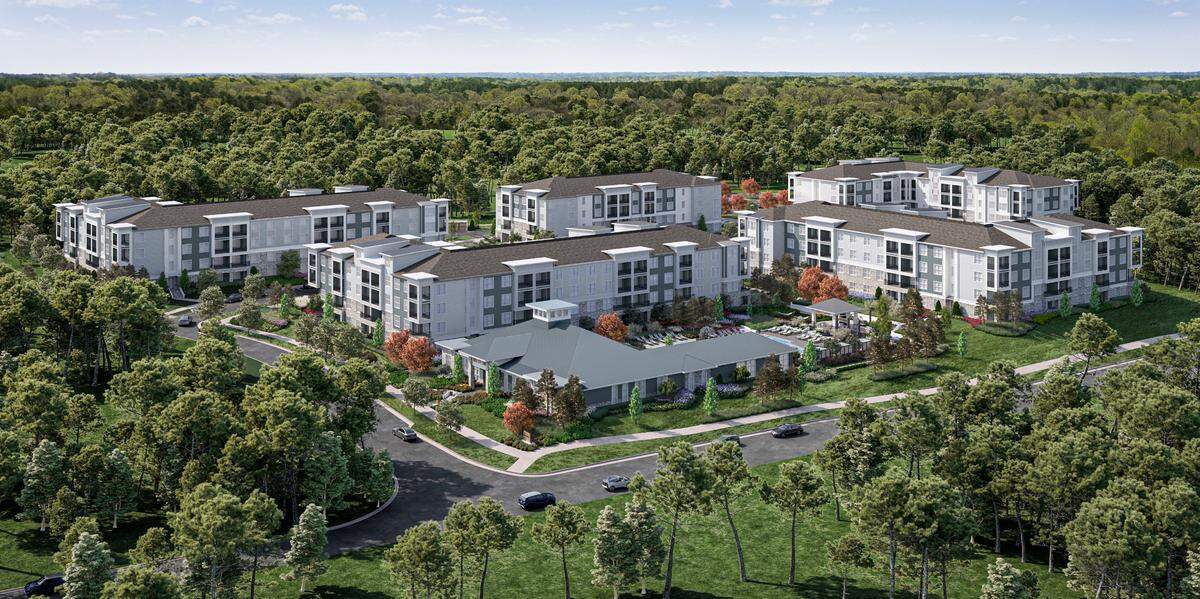 Aerial rendering of the Bainbridge Mallard Creek apartment complex.