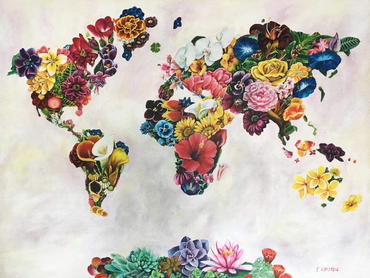This Irisol Gonzalez work is titled “Flower World.” She says its message is: The world is just one big beautiful garden.