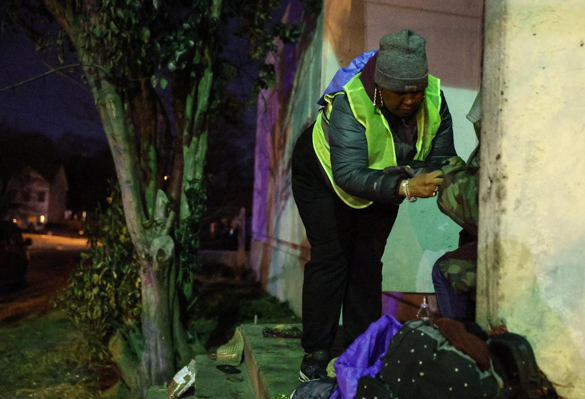 “Her hands were freezing,” said team leader Deb Phillips after helping a 32-year-old woman, who spent the night outside, put on a pair of gloves during the point in time count in Charlotte, NC on Thursday, January 23, 2025.