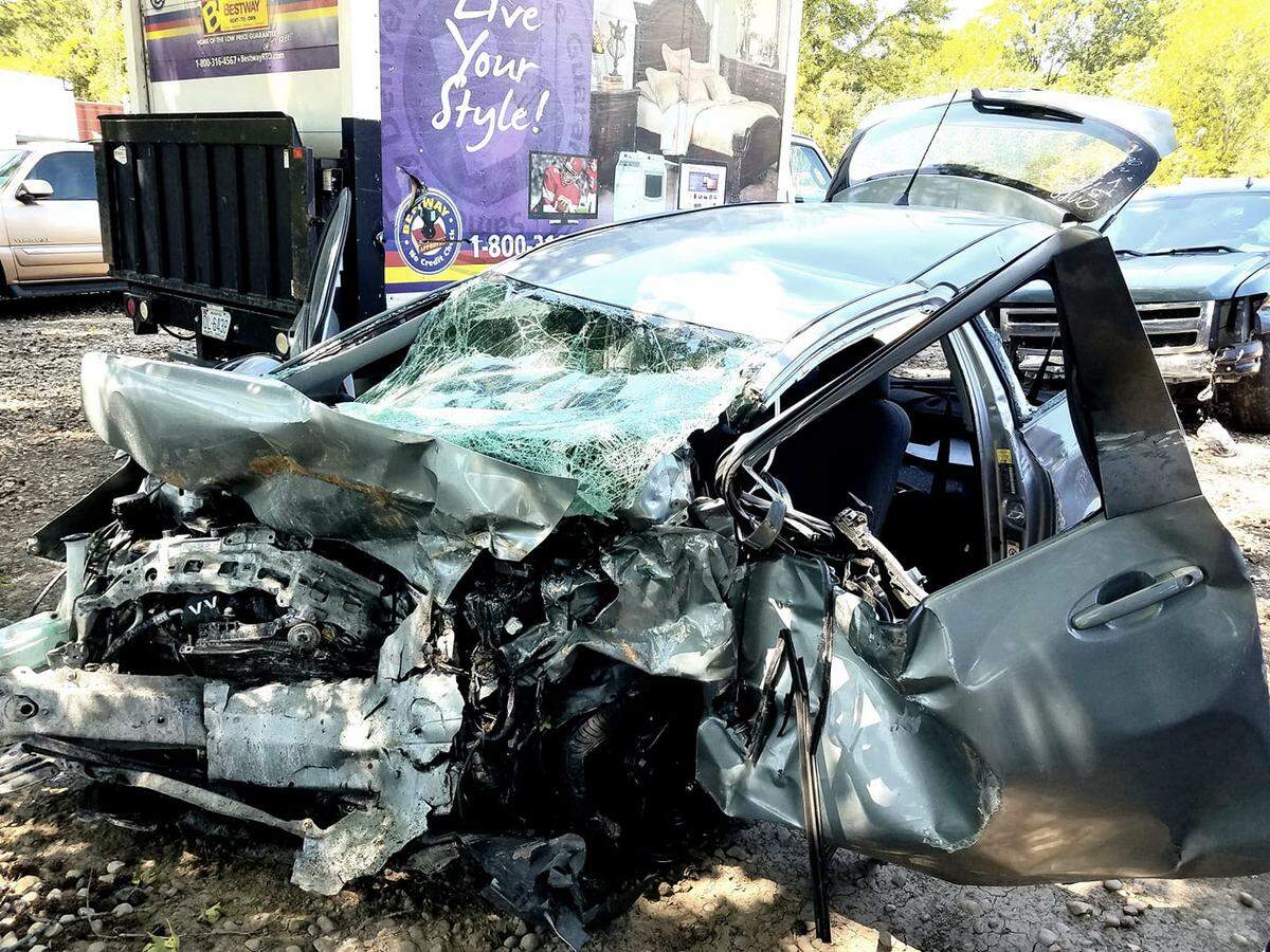 The wreckage of Morgan Wetherbee’s Toyota Yaris.