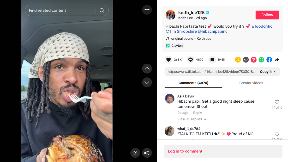A TikTok screen grab shows food influencer Keith Lee visiting a food truck in Clayton, NC.