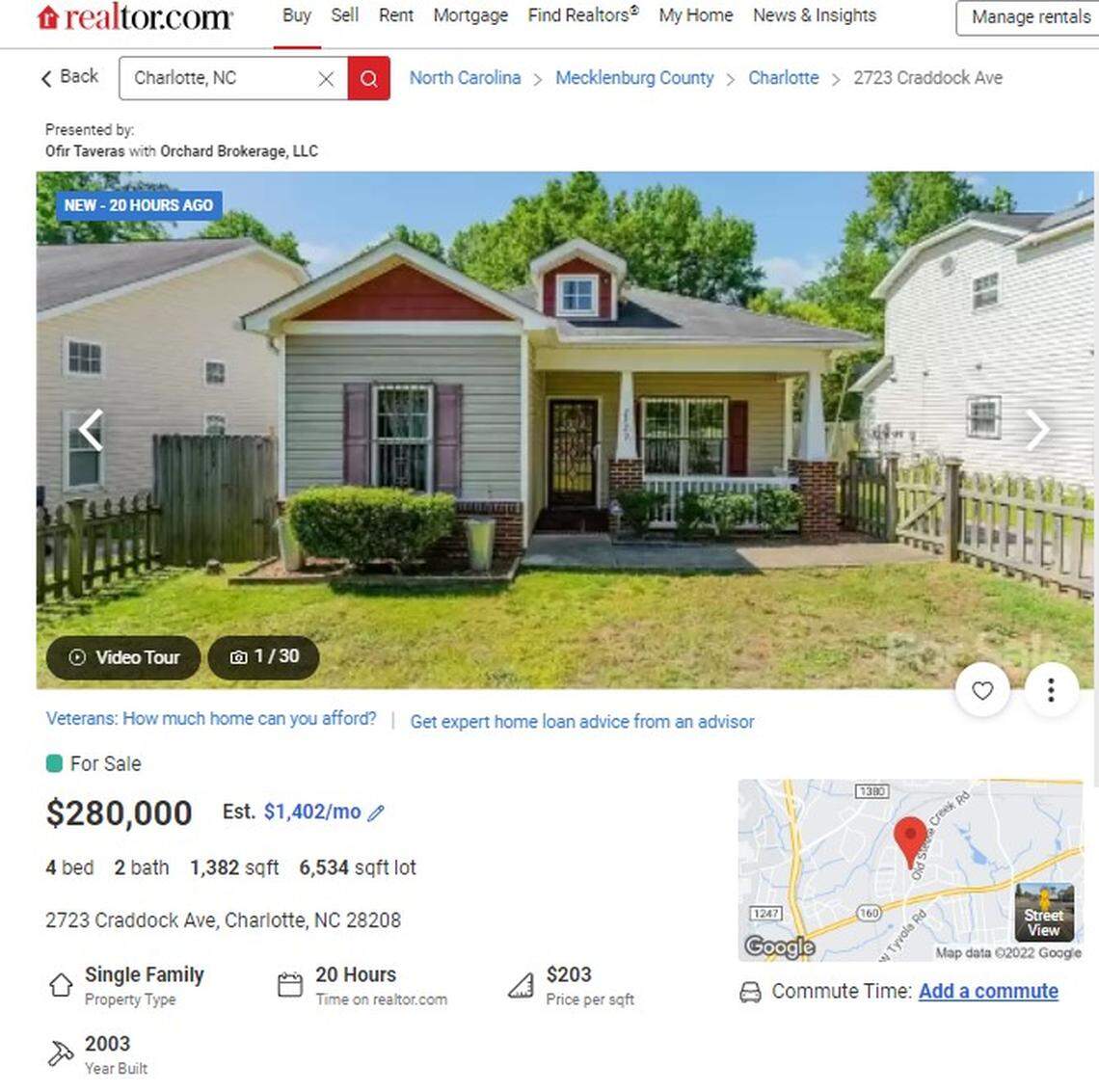 This four-bedroom home in Charlotte is listed for sale at $280,000.