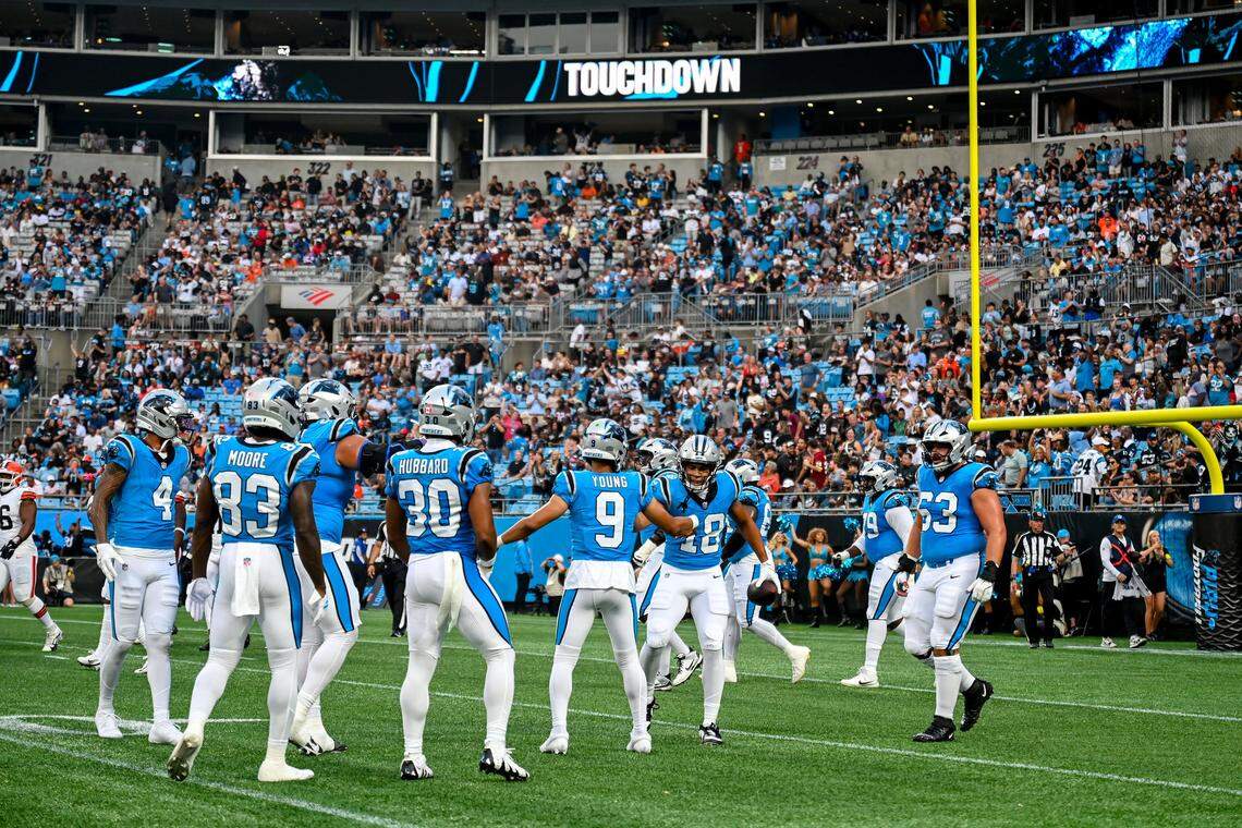 The Carolina Panthers celebrate a touchdown during their preseason game against the Cleveland Browns at Bank of America Stadium on Friday, August 8, 2025, in Charlotte.