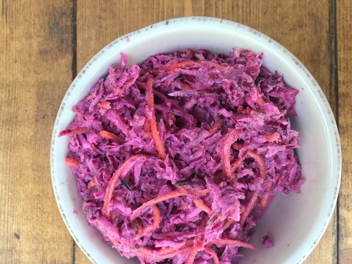 The Purple Slaw at Crepe Cellar is made with a sauce that includes Dijon mustard, mayonnaise, apple cider vinegar and fresh lemon juice.