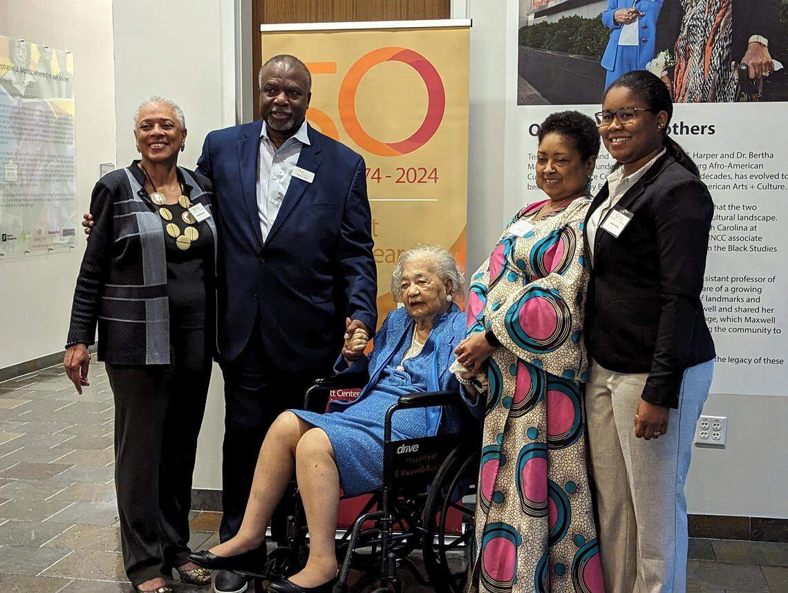 Bertha Maxwell-Roddey, center, co-founder of Harvey B. Gantt Center for African American Arts + Culture at the 50th anniversary announcement in October 2023. Second from left is co-found Mary Harper’s daughter Jonette Harper.
