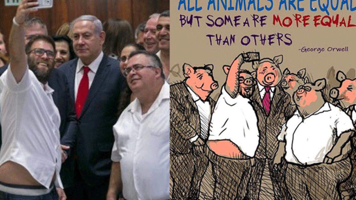 Avi Katz turned a recent photograph of Israeli Prime Minister Benjamin Netanyahu and other Likud Party members into a controversial cartoon.