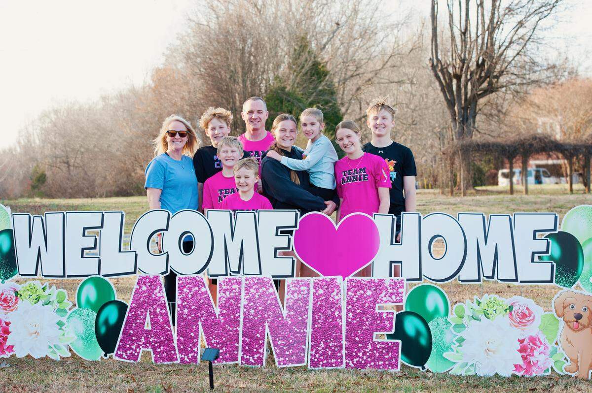 The Smith family celebrates Annie’s return home after more than 140 days undergoing treatment and a bone marrow transplant for severe aplastic anemia.