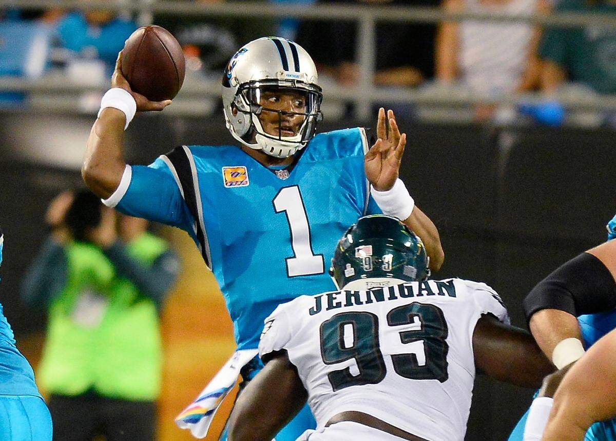 Two of Carolina Panthers quarterback Cam Newton’s (1) interceptions against the Eagles last season gave Philadelphia the ball inside the red zone, both drives which ended with touchdowns.