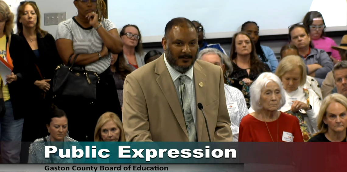 Sean Bates, who leads the Gastonia NAACP, speaks at a Gaston County Schools Board of Education meeting Monday about a recent anti-Islamic post by board member Tod Kinlaw.