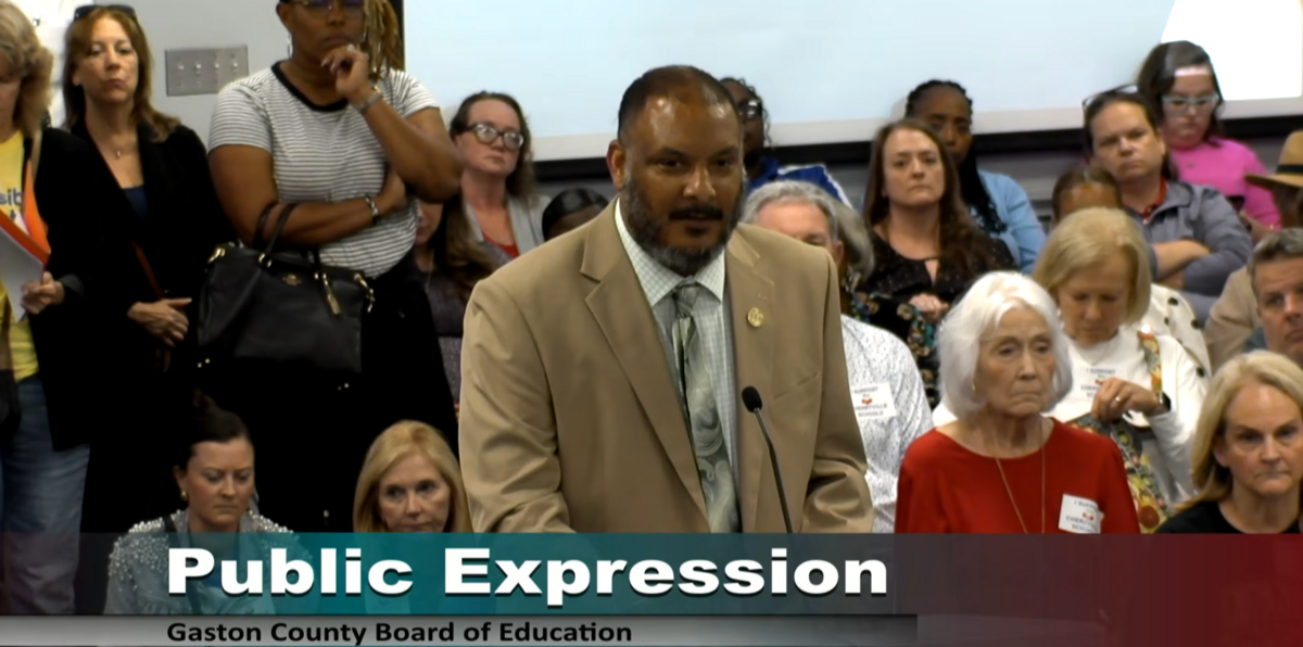 Sean Bates, who leads the Gastonia NAACP, speaks at a Gaston County Schools Board of Education meeting Monday about a recent anti-Islamic post by board member Tod Kinlaw.