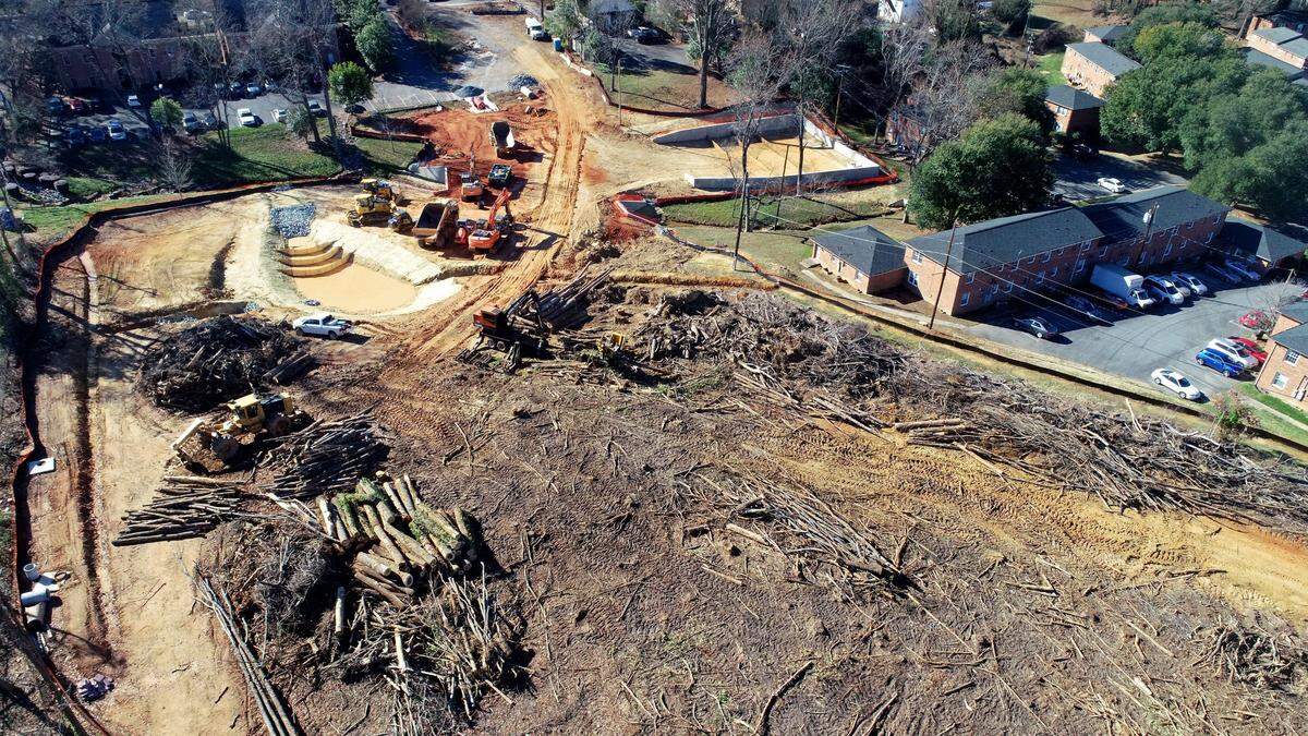 Land is cleared of all the trees in a development along Monroe Road on Monday, December 13, 2021 in Charlotte, NC. The development is between Shade Valley and Eaton Road.