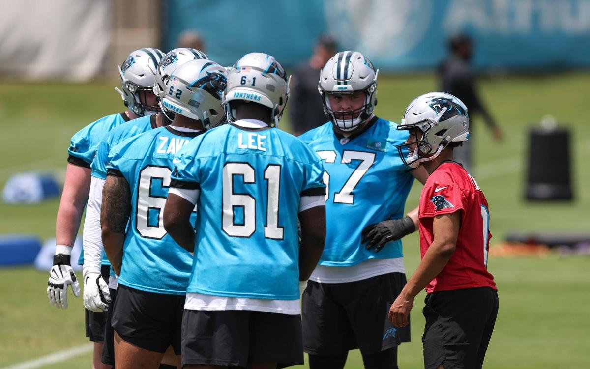 Carolina Panthers Bryce Young practices at the Carolina Panthers rookie minicamp in Charlotte on Saturday.