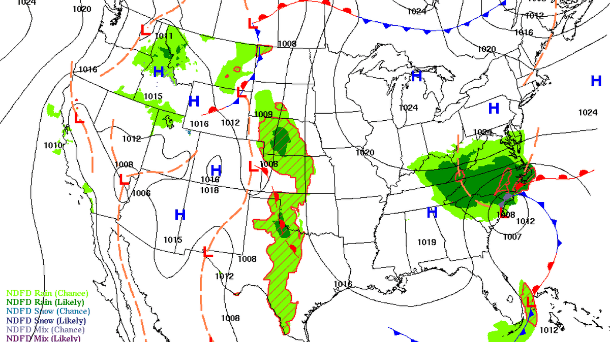 This U.S. National Weather Service graphic shows showers and thunderstorms hanging out over the Carolinas on Sunday.