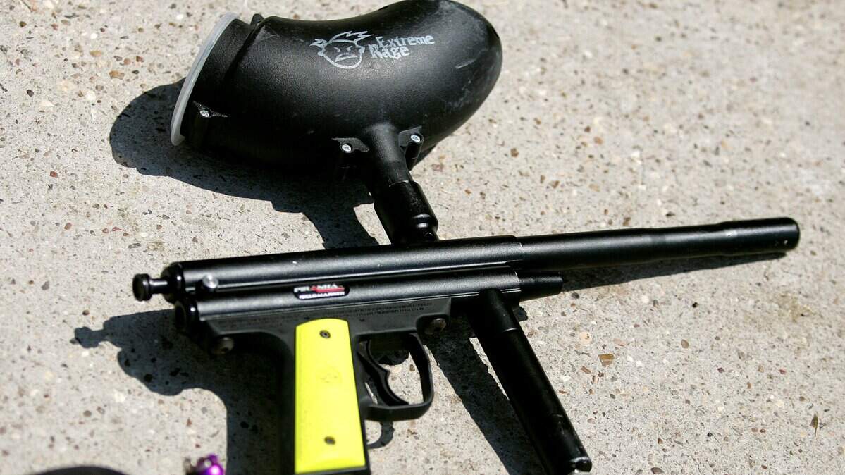 This is a file photo of a paintball gun. A man was arrested on Oct. 15, 2025, after using one to assault three people during separate occasions, according to the RCSD.