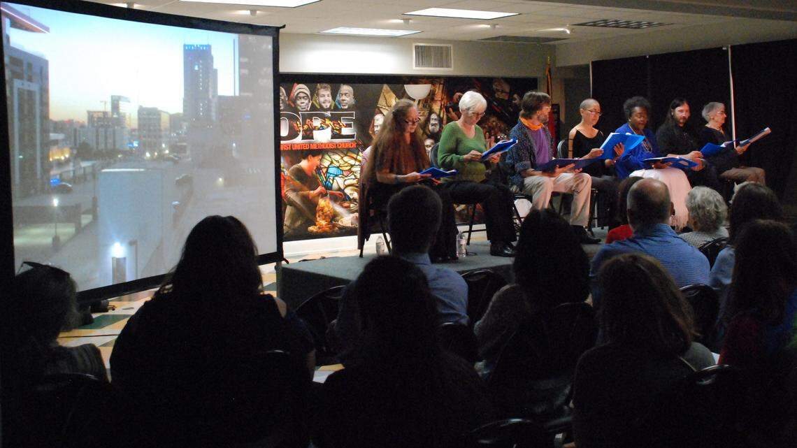A StreetsmARTs reading takes place at First United Methodist Church with Belinda Hunter, from left, Mary Subach, Mark Sutton, Hilda Mojica, Christina C. Williams, Paul Lessard and Jinny Mitchell.