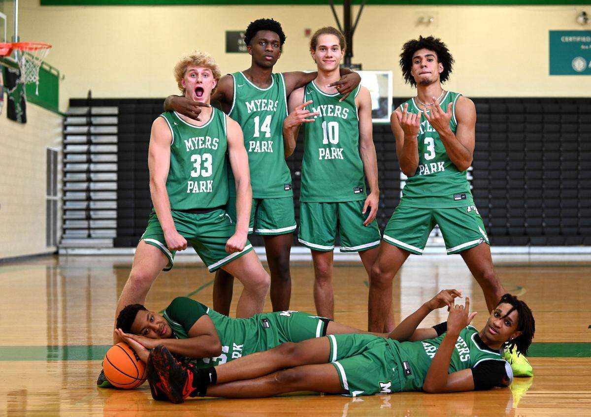 The Myers Park Mustangs will open the season No. 1 in the Charlotte Observer Sweet 16 poll. Bottom left: Elijah Strong. Bottom right: Sadiq “AJ” White. Top left to right: Sam Walters, Sir Mohammed, Santana Lynch and Bishop Boswell