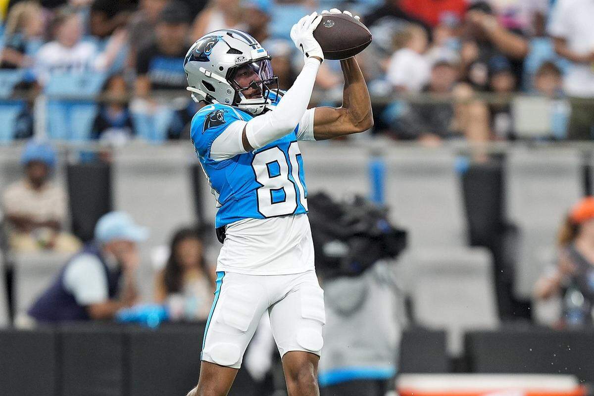 Aug 2, 2025; Charlottle, NC, USA; Carolina Panthers wide receiver Jacolby George (80) makes a catch during Fanfest at Bank of America Stadium. Mandatory Credit: Jim Dedmon-Imagn Images