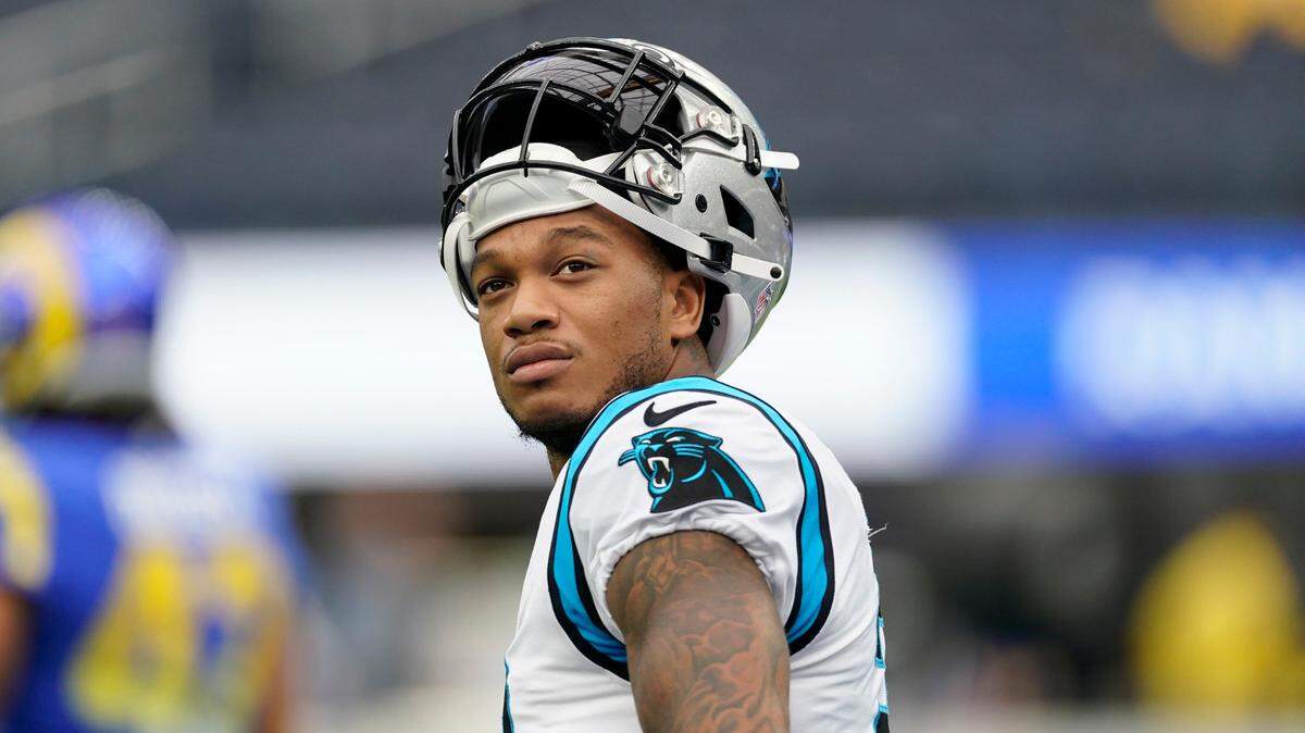 Carolina Panthers wide receiver DJ Moore warms up before an NFL football game against the Los Angeles Rams Sunday, Oct. 16, 2022, in Inglewood, Calif.