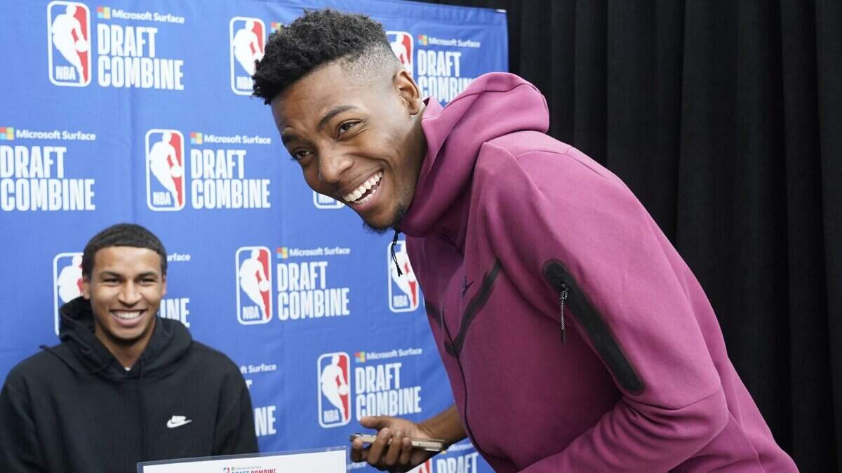 Brandon Miller (Right) interviews Kris Murray during the 2023 NBA Draft Combine at Wintrust Arena.
