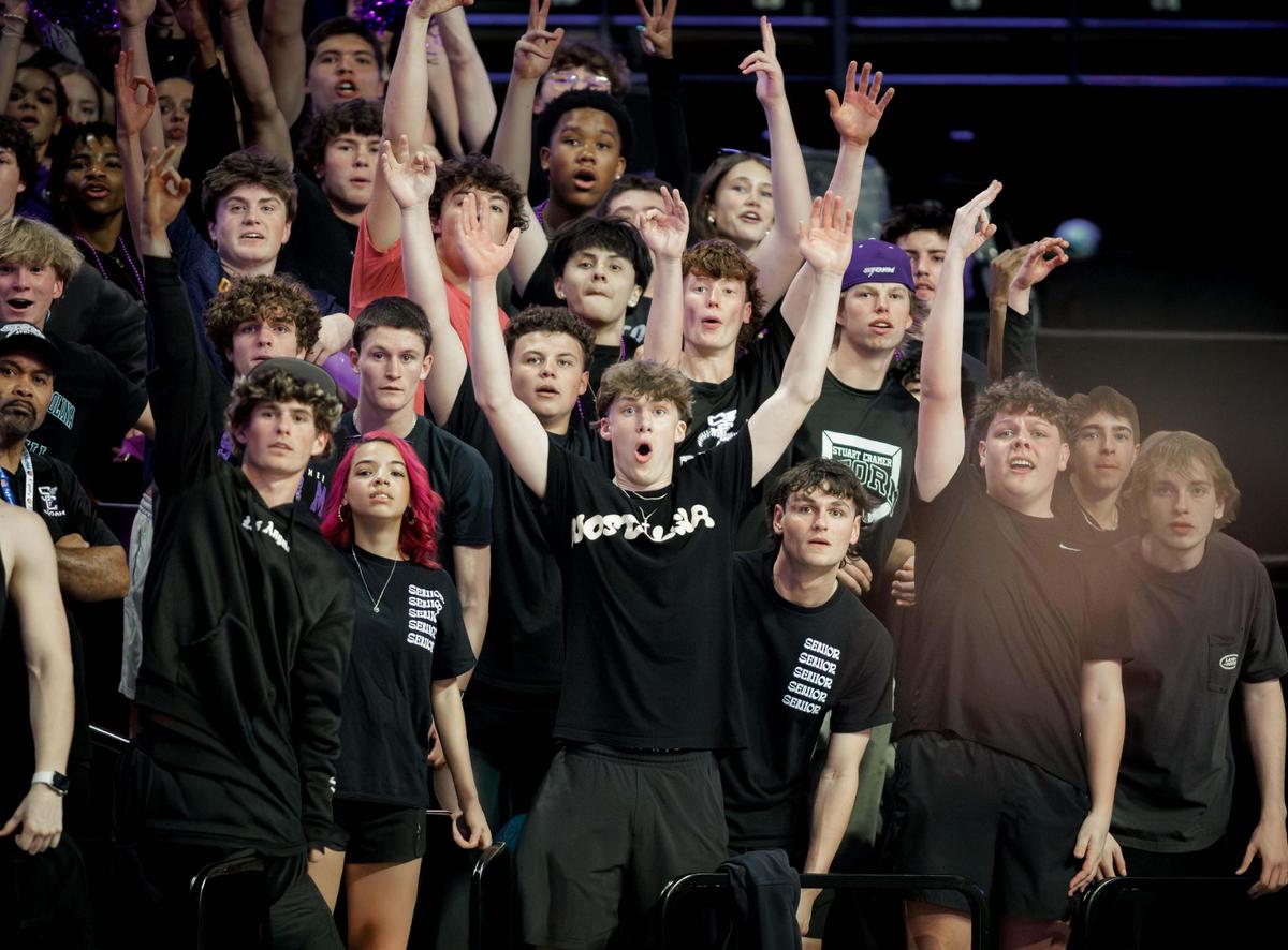 The Stuart Cramer student section cheers on as their team would lead early in the 1st half. Stuart Cramer would play Western Alamance in the 3A NCHSAA State Championship Friday March 14, 2025.