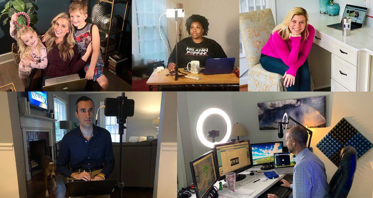 Clockwise, from top left: WCCB’s Morgan Fogarty (with her daughter Sadie and son Sawyer), Fox 46’s Brigida Mack, WBTV’s Molly Grantham, WCNC’s Brad Panovich and WSOC’s Joe Bruno, each in their respective home work spaces.