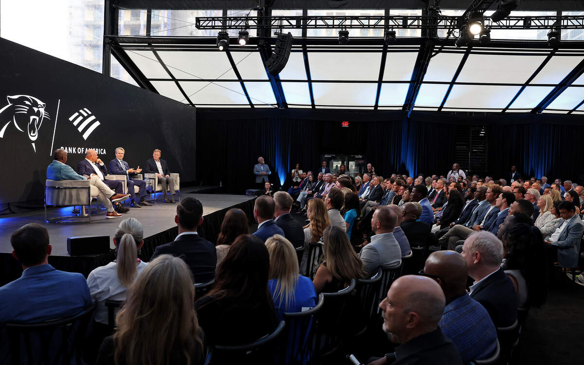Audience members listen to a fireside chat between moderator and Fox NFL Sunday host Curt Menefee, Carolina Panthers owner David Tepper, Bank of America CEO Brian Moynihan and NFL Commissioner Roger Goodell on Thursday, July 23, 2026.