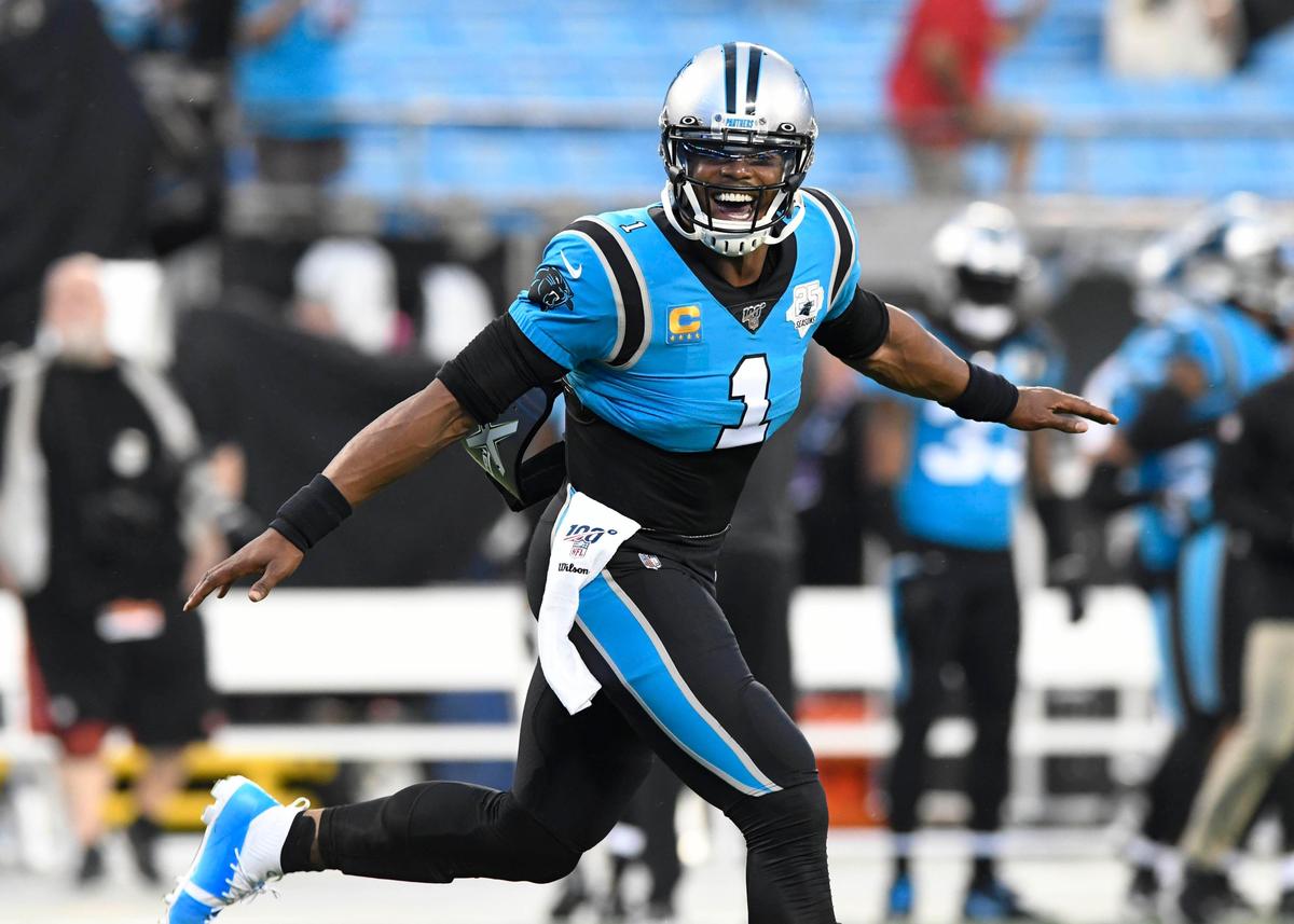 Carolina Panthers quarterback Cam Newton (1) runs onto the field during pregame prior to playing Tampa Bay on Sept. 12, 2019. It was the last game Newton would play in a Panthers uniform.