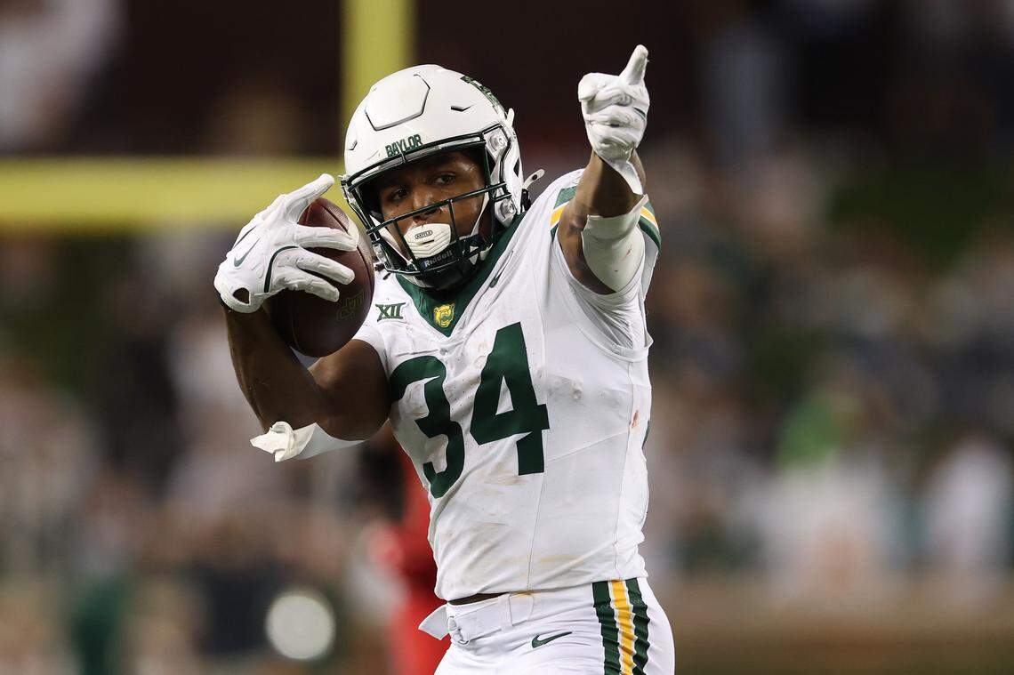 Baylor Bears wide receiver Josh Cameron reacts after catching a pass for a first down during the third quarter against the Utah Utes at McLane Stadium on November 15, 2025 in Waco, Texas. (Photo by Sam Hodde/Getty Images)