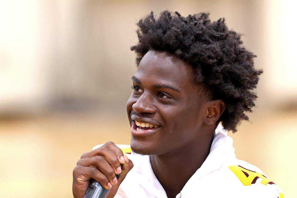 West Charlotte Lions quarterback Jamouri Nichols responds to a question during the Mecklenburg County Power 6 media day on Tuesday, August 5, 2025 at Independence High School.
