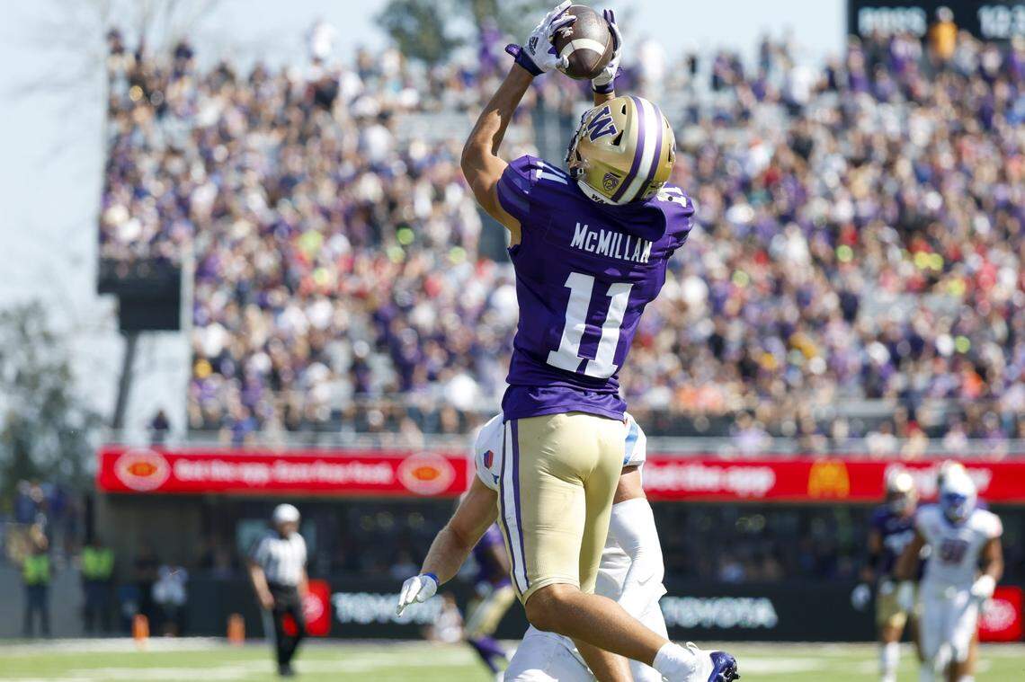 Sep 2, 2023; Seattle, Washington, USA; Washington Huskies wide receiver Jalen McMillan (11) catches a touchdown pass against the Boise State Broncos during the second quarter at Alaska Airlines Field at Husky Stadium. Mandatory Credit: Joe Nicholson-USA TODAY Sports