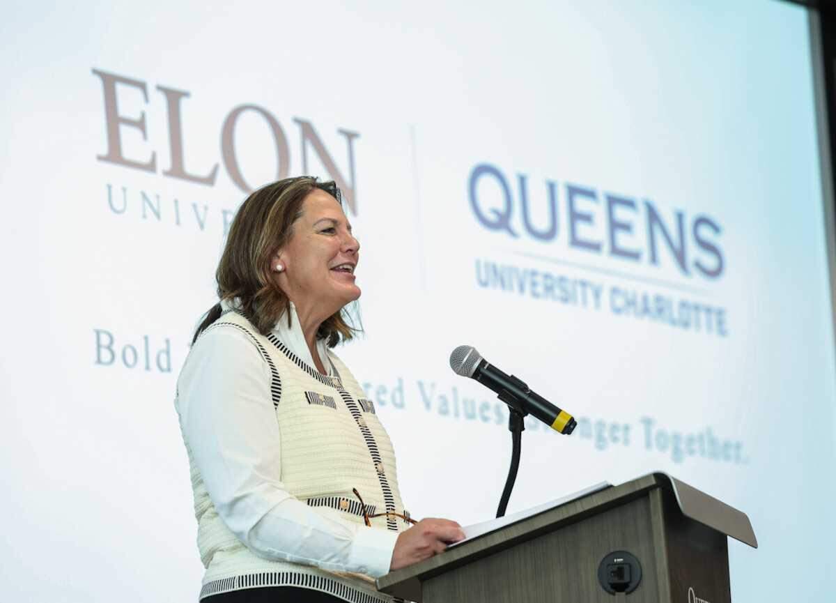 Elon president Connie Book speaks after the announcement of the merger of Queens and Elon universities.