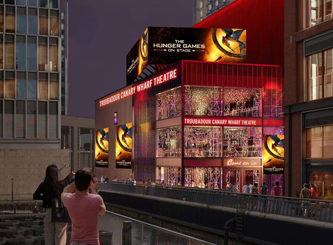 An artist’s rendering of the Troubadour Canary Wharf Theatre featuring “The Hunger Games: On Stage.”