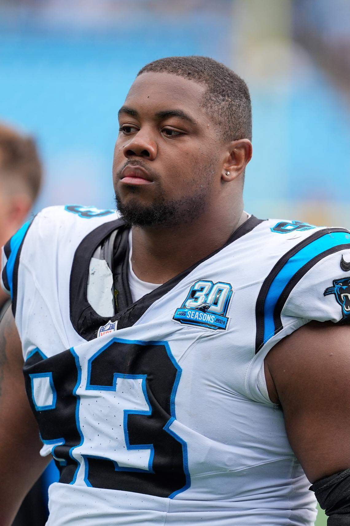 Sep 29, 2024; Charlotte, North Carolina, USA; Carolina Panthers defensive end LaBryan Ray (93) during the fourth quarter at Bank of America Stadium. Mandatory Credit: Jim Dedmon-Imagn Images