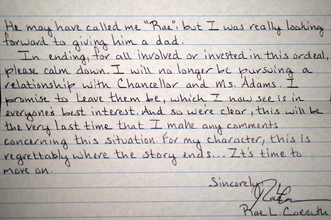 Rae Carruth’s letter to Saundra Adams, sent to the Observer’s Scott Fowler to deliver with a request to also publish it on the Observer’s website. In the letter, Carruth backed off his earlier request to eventually become Chancellor Lee Adams’ caregiver and asked everyone to “please calm down.”