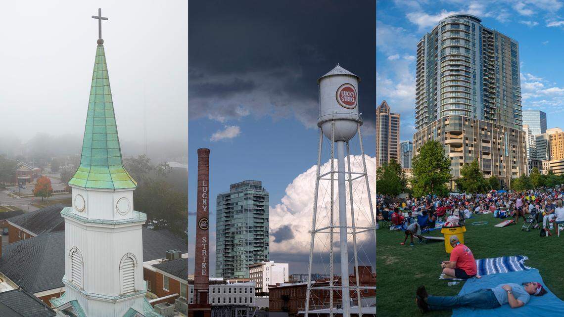 Robeson County, Durham County and Mecklenburg County (left to right) illustrate how North Carolina is a mix of red, blue and “purple” politics.
