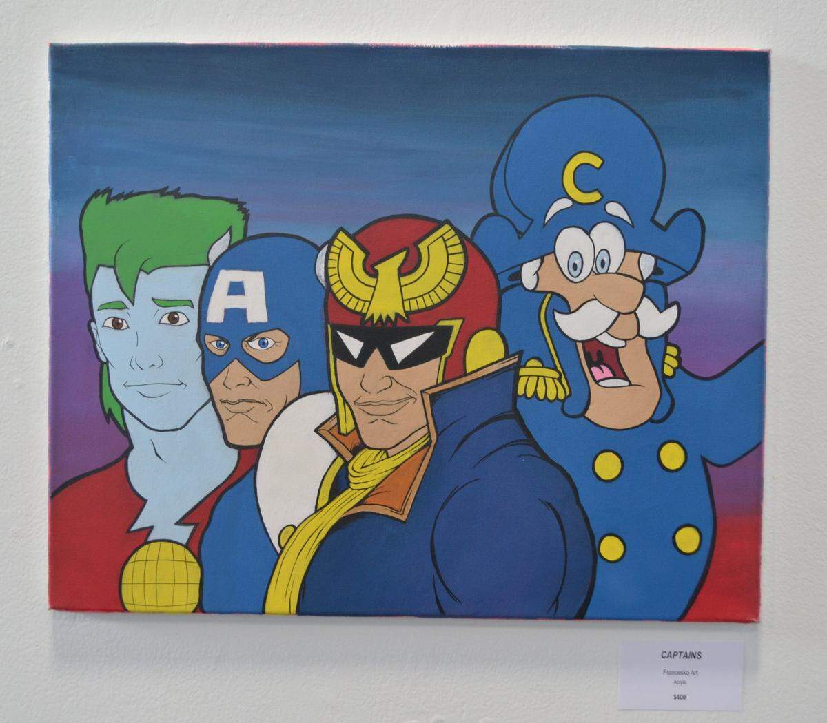 “Captains” by Francesko Art was in the Charlotte Art League’s Winter Juried Show. Francesko says it incorporates his favorite captains from childhood: Captain Planet from the TV show “Captain Planet and the Planeteers,” Marvel Comics’ superhero Captain America, Captain Falcon from the F-Zero video game, and Cap’n Crunch from the cereal.