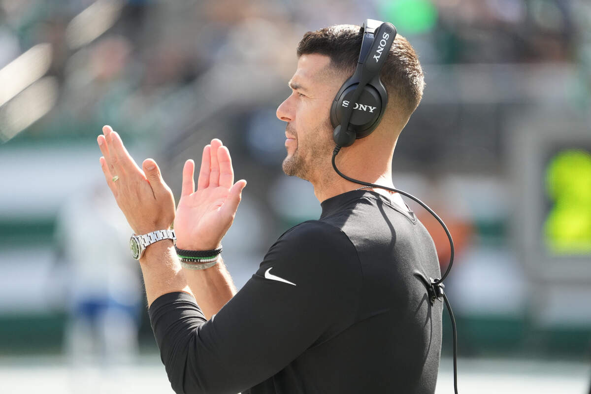 Carolina Panthers head coach Dave Canales looks on during warmups prior to the game against the New York Jets at MetLife Stadium Oct. 19, 2025