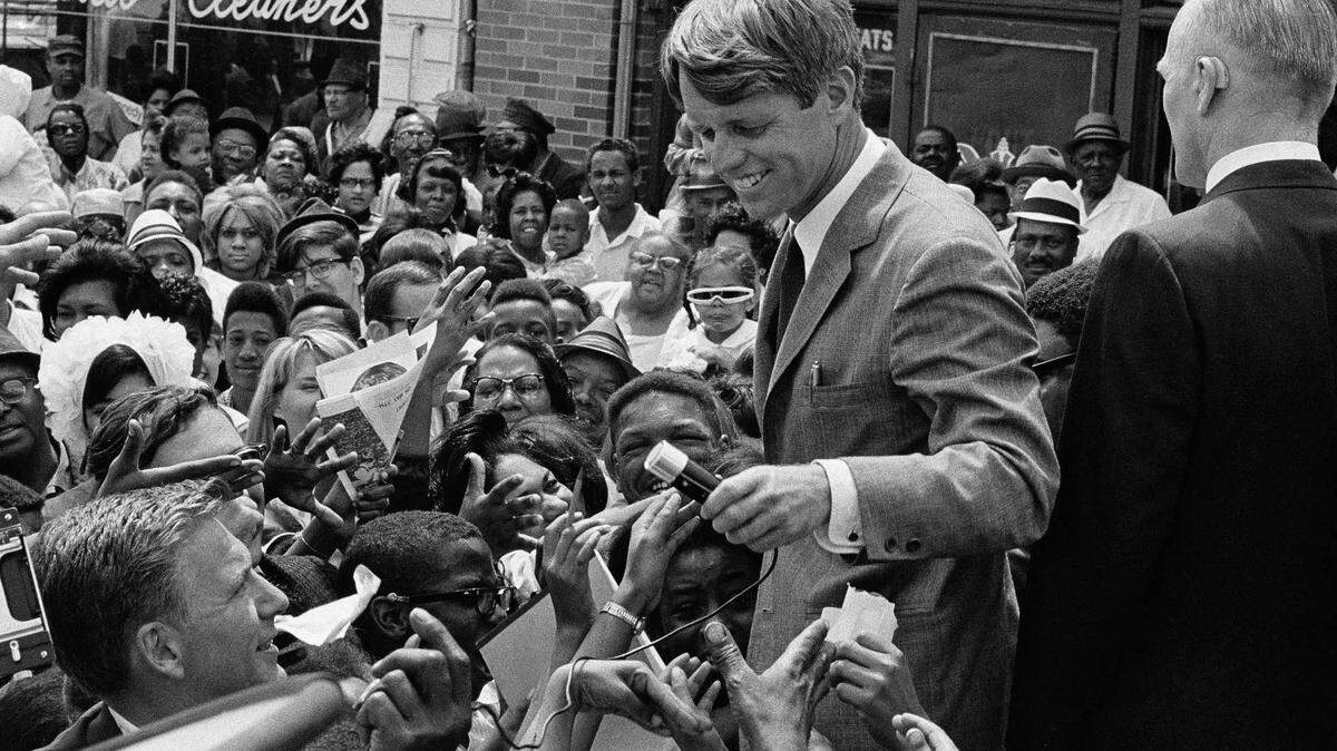 Sen. Robert F. Kennedy, center, addresses an enthusiastic crowd on May 4, 1968 in Indiana during the presidential primary.
