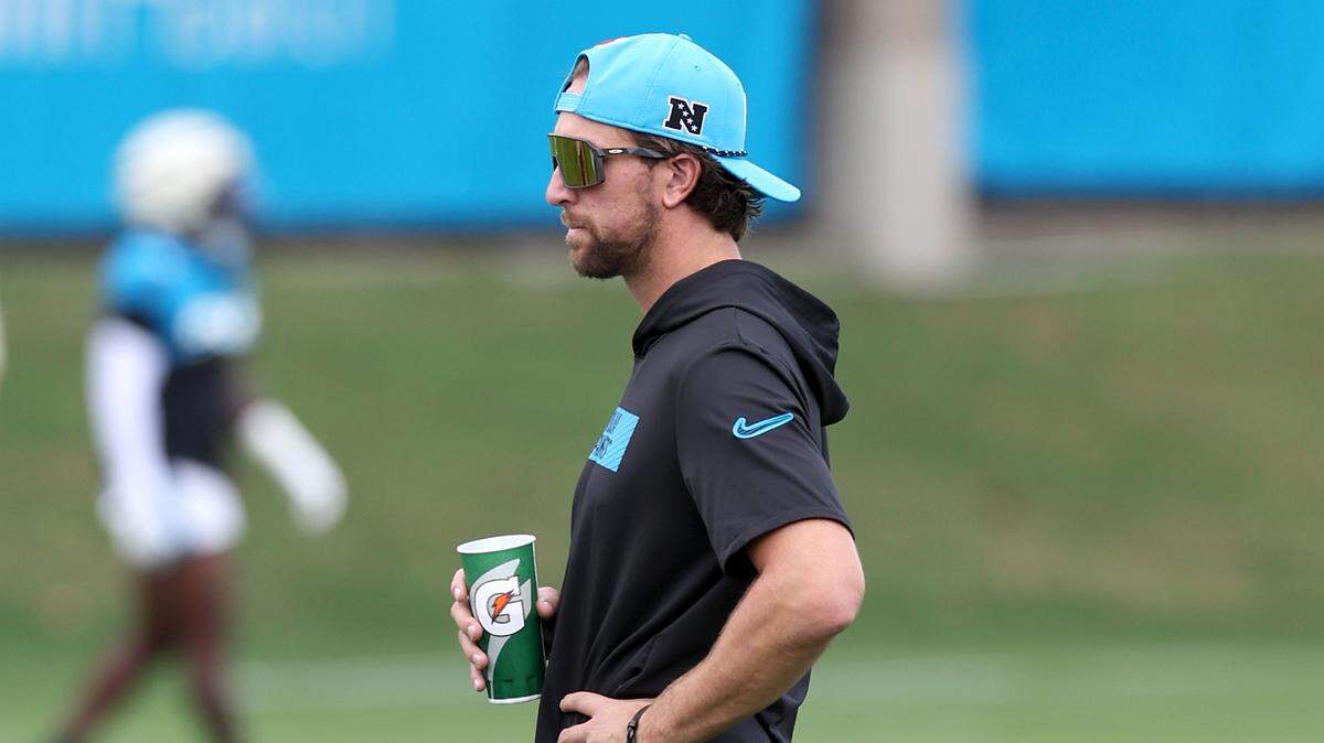 Carolina Panthers wide receiver Adam Thielen watches his teammates run through drills during practice on Wednesday, September 25, 2024. Thielen has been placed on injured reserve with a hamstring injury.