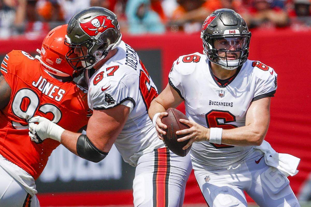 Tampa Bay Buccaneers quarterback Baker Mayfield (6), here protected by right tackle Luke Goedeke (67), has done a nice job of keeping plays alive even after pressure arrives. (Ivy Ceballo/Tampa Bay Times/TNS)