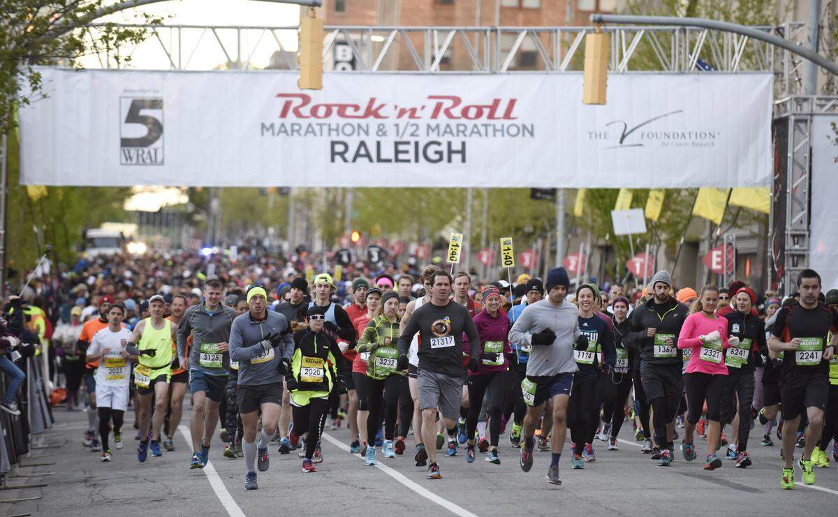 Participants leave from the start line of the Rock ‘N’ Roll Marathon and Half Marathon Race in Raleigh, N.C. on Sunday, April 10, 2016. Over 7,500 runners registered for the event, which is now in its third year.