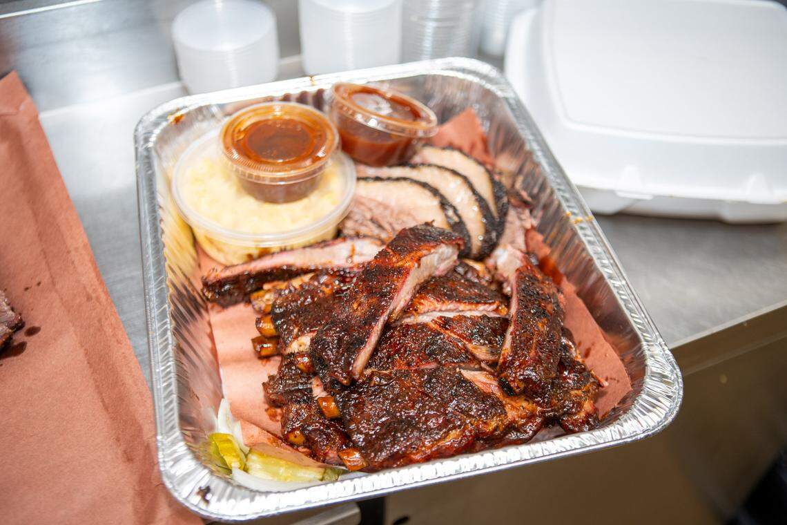 A combination platter for takeout at The Smoke Pit in Concord.