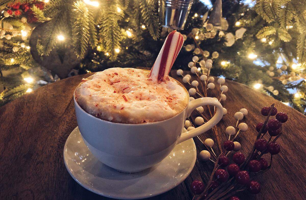 The Artisan’s Palate’s White Chocolate Peppermint Cappuccino has Jade espresso from Magnolia Coffee, house-made white chocolate, a peppermint stick and steamed milk with peppermint.
