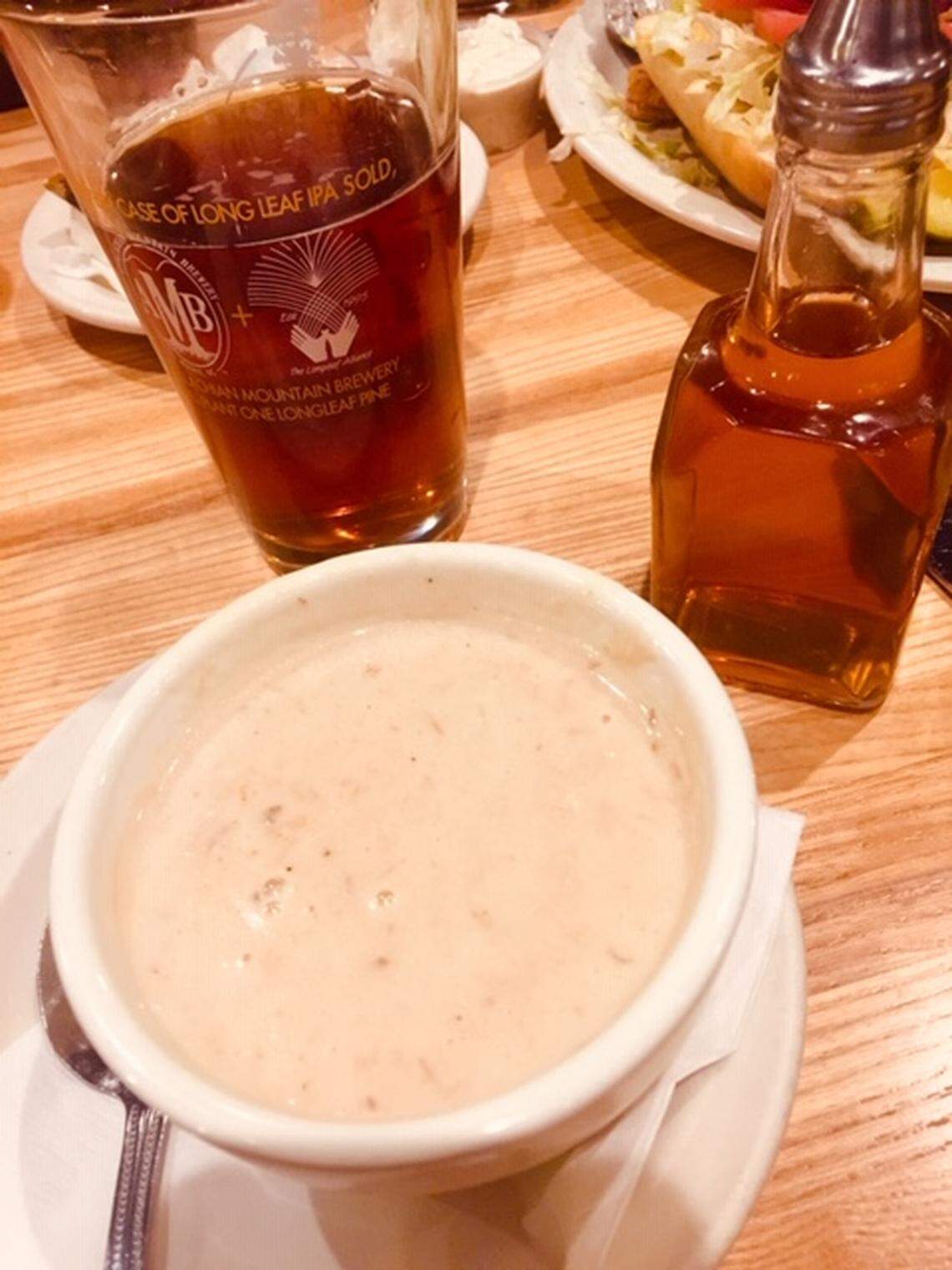 The she-crab soup at Eddie’s Place is flecked with crab and served with a bottle of sherry you can shake on top.